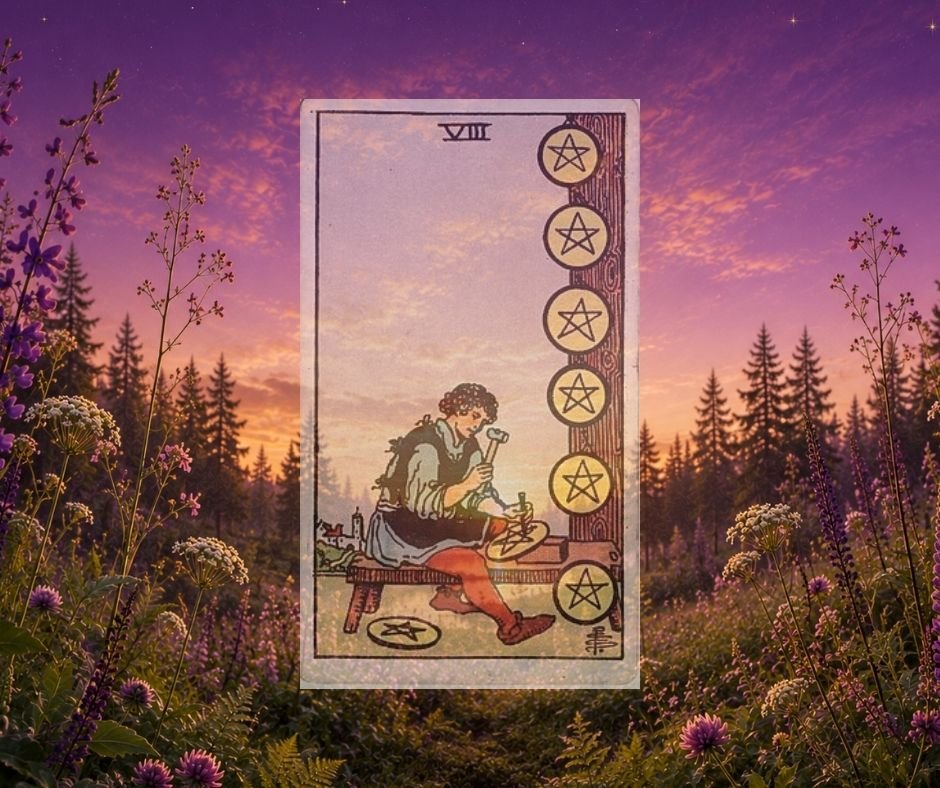 Müntide Kaheksa tarokaart / Eight of Pentacles tarot card – Kuutaro