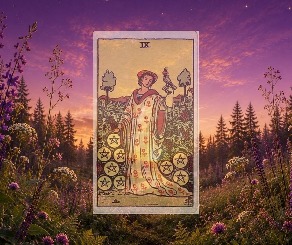 Müntide Üheksa / Nine of Pentacles tarot card – naine viinamarjaaias pistrikuga / woman in a vineyard with a falcon, Kuutaro