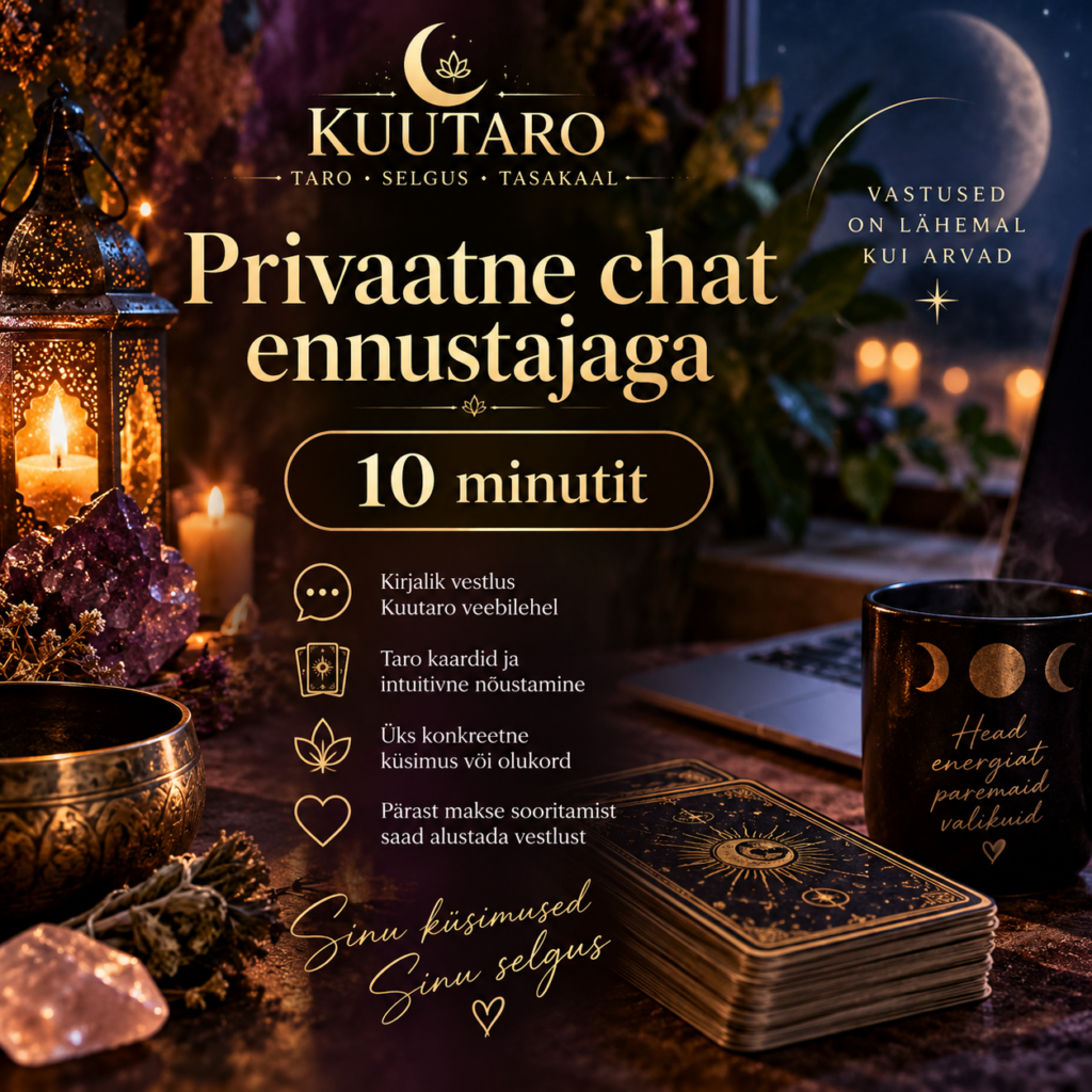 Kuutaro 10-minutilise privaatse chati reklaampilt tarokaartide, sülearvuti ja küünlavalgusega.
