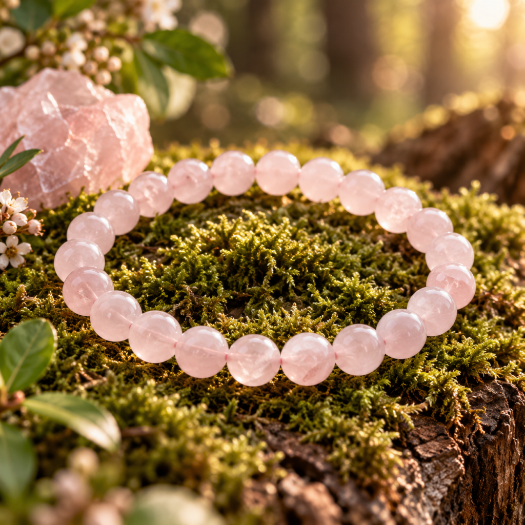 Roosa kvartsi käevõru ja toorkivid / Rose quartz crystal bead bracelet and natural rough stones