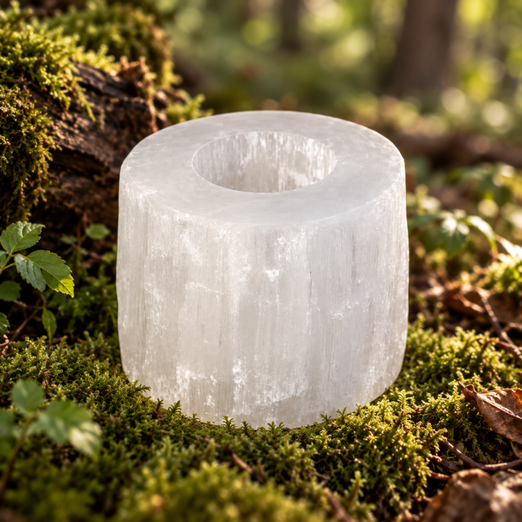 White translucent selenite candle holder 8 cm – natural gypsum crystal home decor