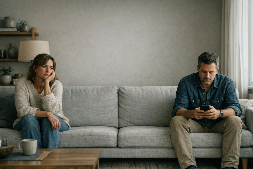 Naine ja mees istuvad diivanil teineteisest eemal, naine on mõtlik ja mees vaatab telefoni.