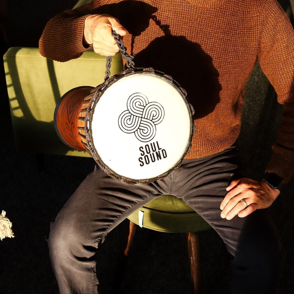 Large 50 cm djembe drum with a wooden body and patterned design